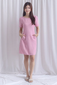 Charmaine Sleeved Wide Neckline Tweed Shift Dress In Pink