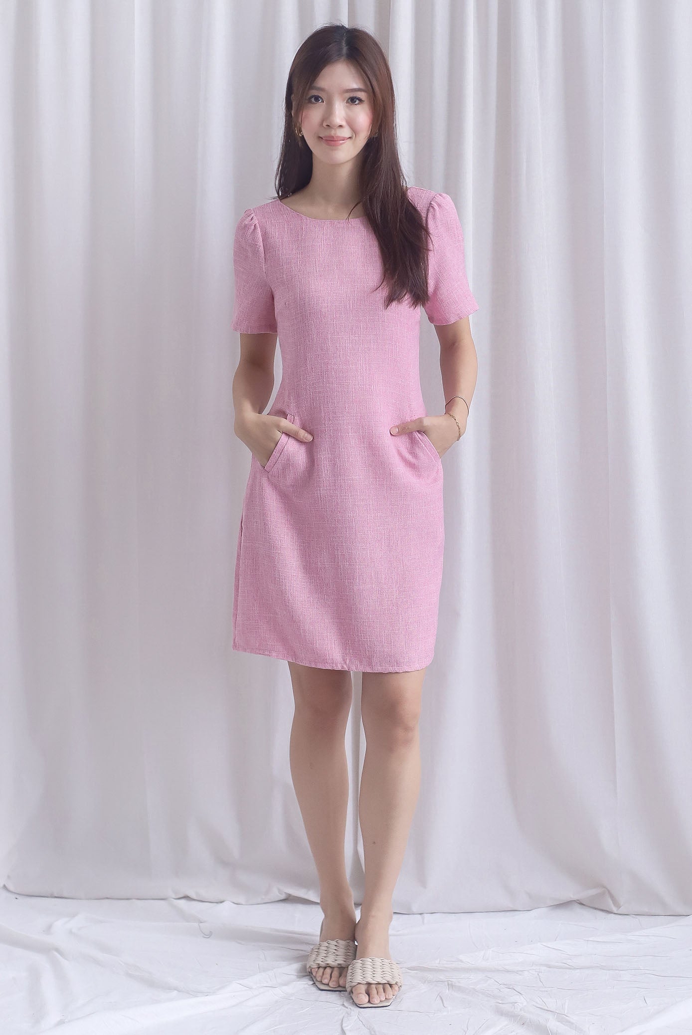 Charmaine Sleeved Wide Neckline Tweed Shift Dress In Pink