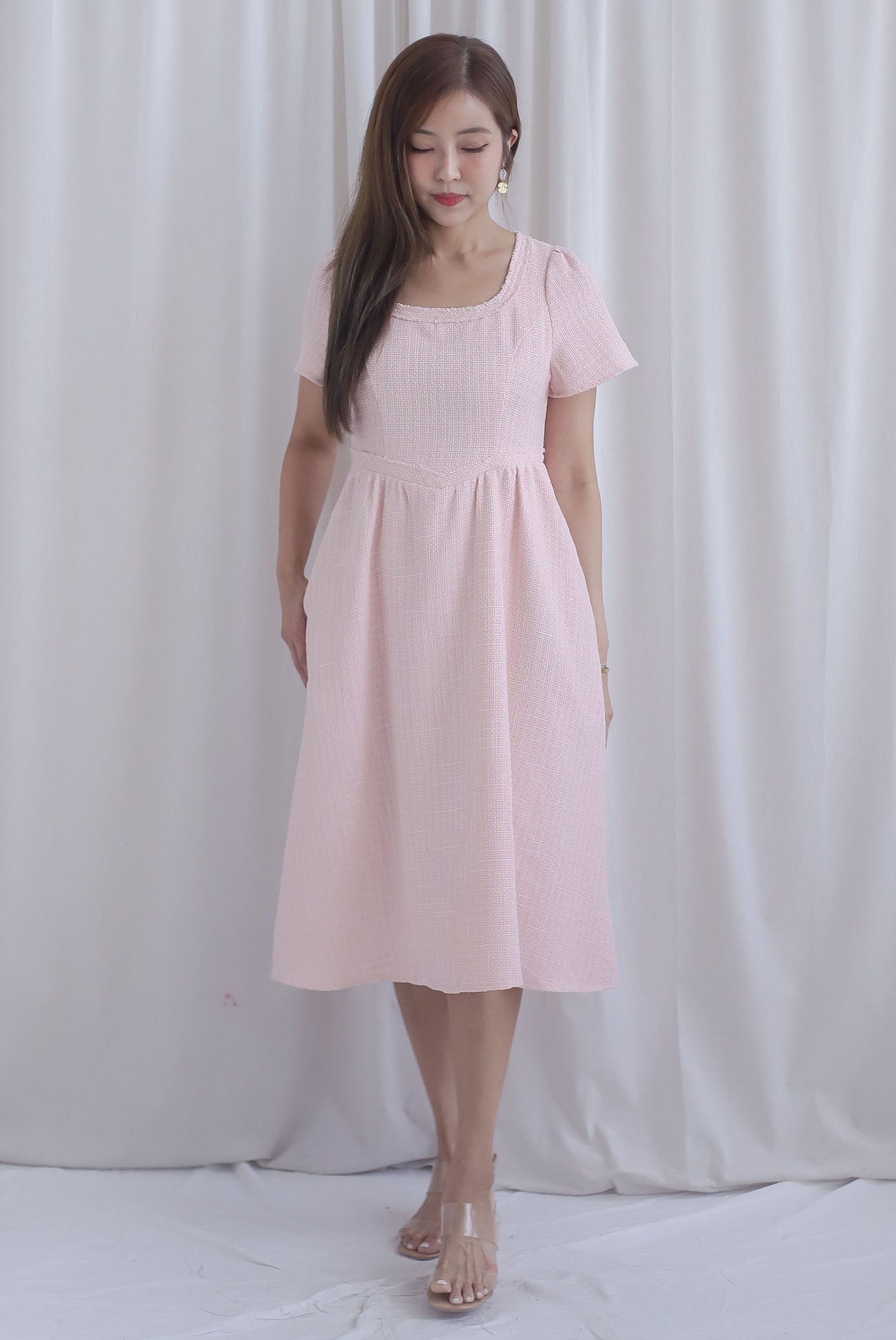 Chelle Tweed V Wastline Midi Skater Dress In Pink