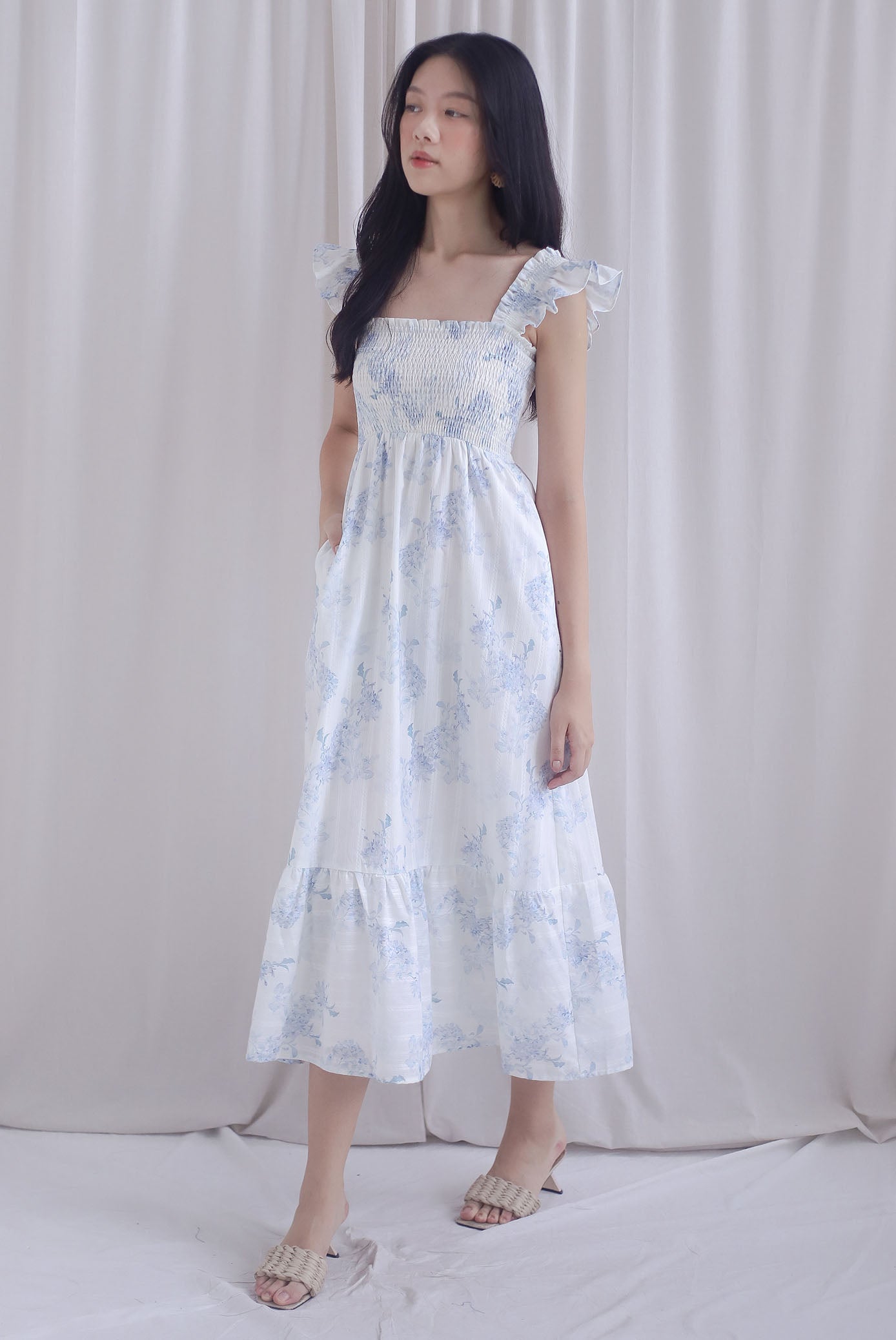 Cherelle Ruffle Sleeve Smocked Maxi Dress In Blue
