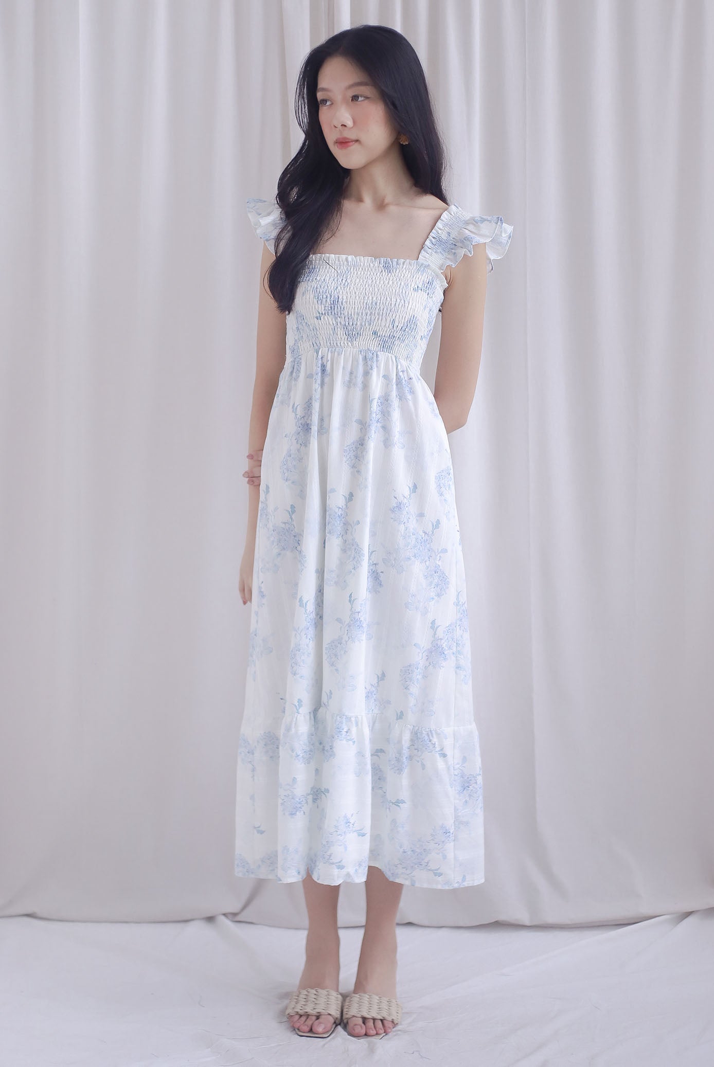 Cherelle Ruffle Sleeve Smocked Maxi Dress In Blue