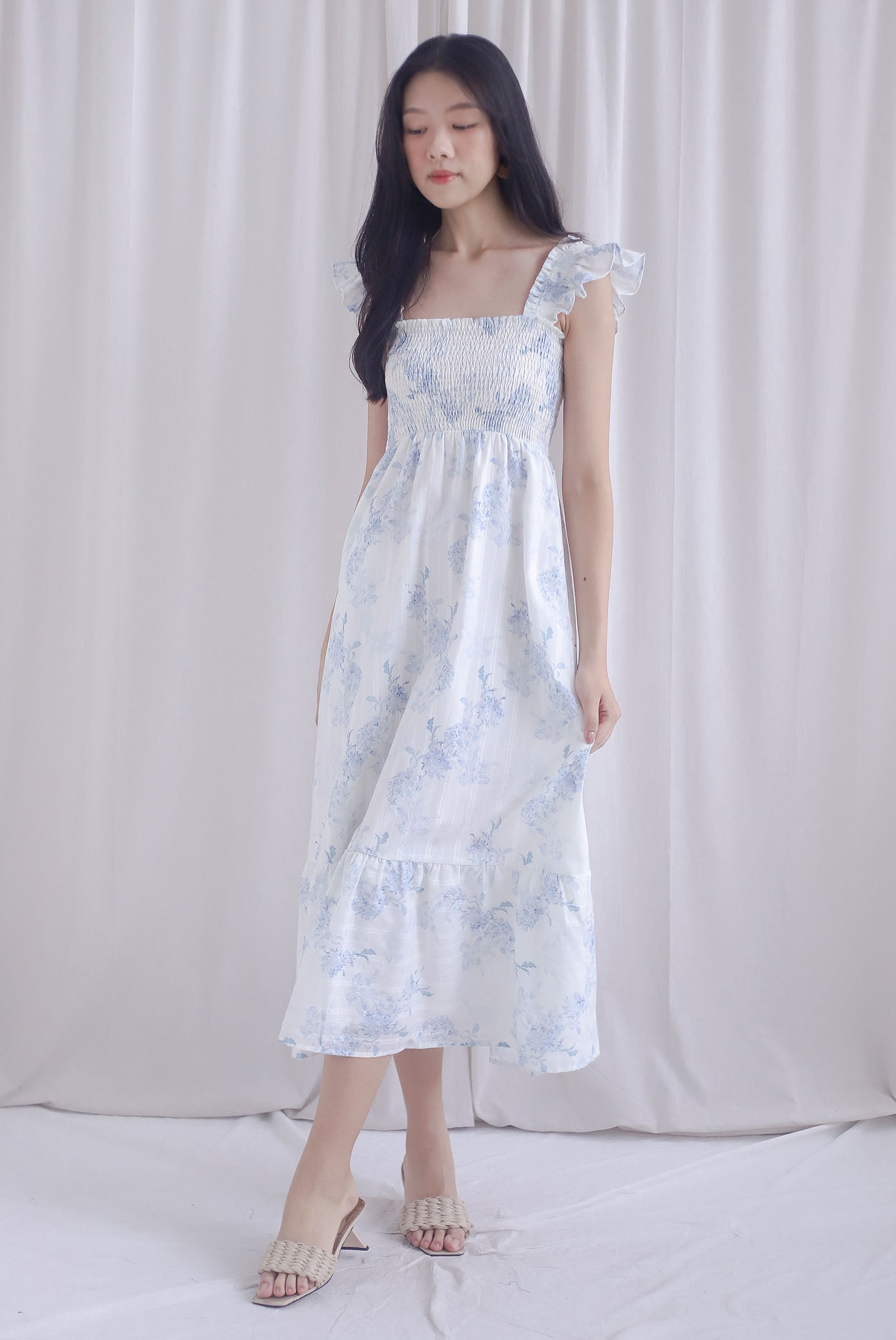 Cherelle Ruffle Sleeve Smocked Maxi Dress In Blue