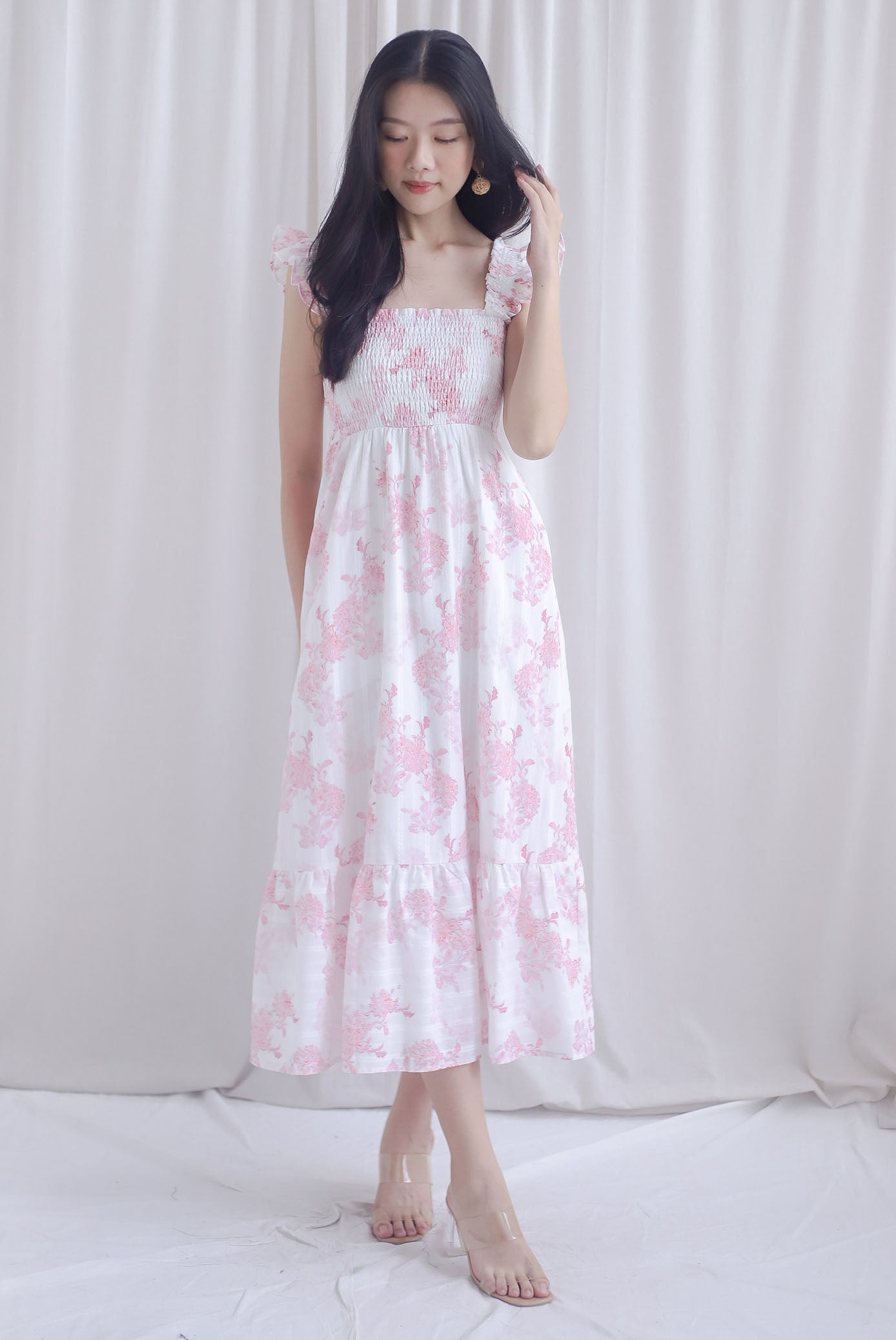 Cherelle Ruffle Sleeve Smocked Maxi Dress In Pink