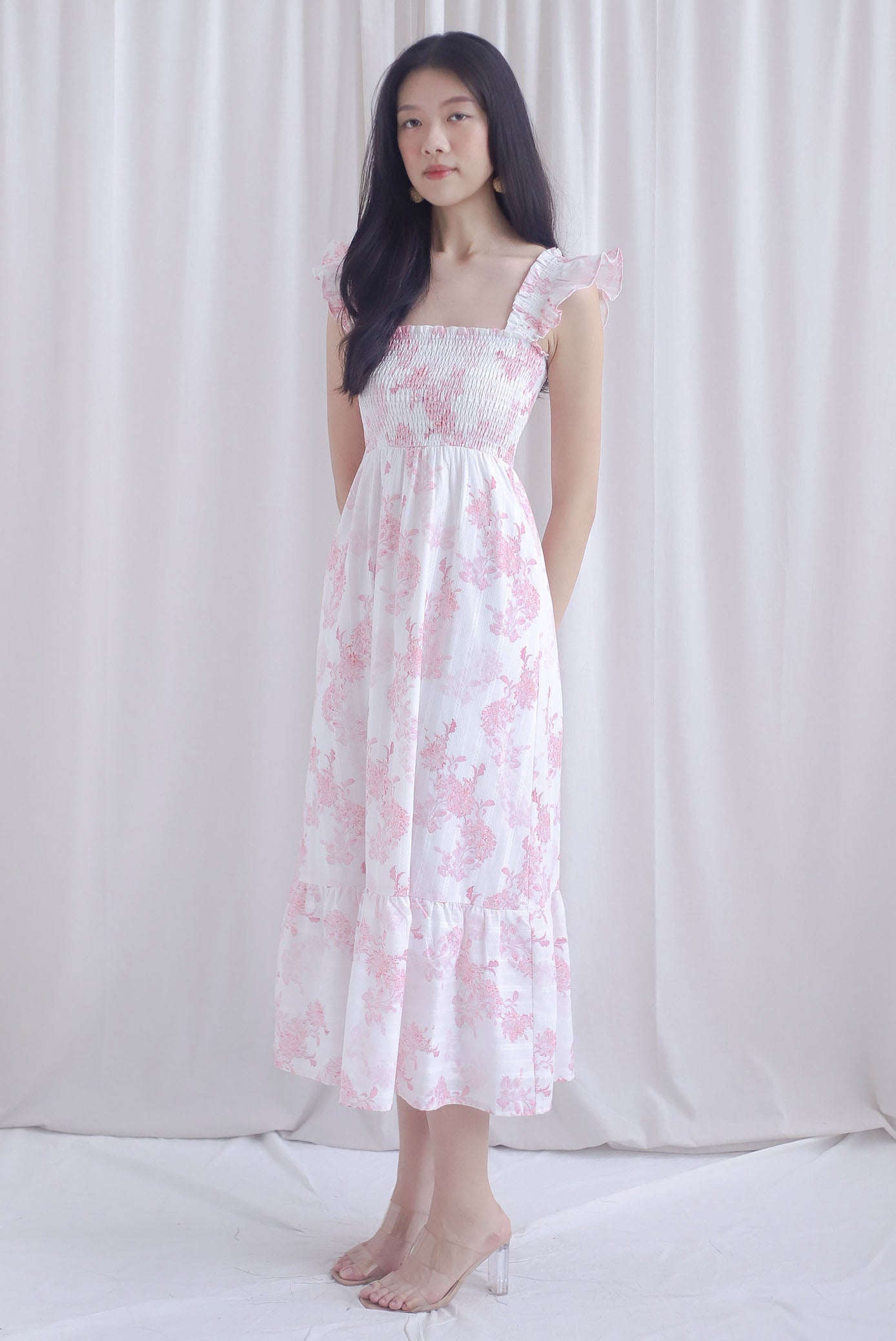 Cherelle Ruffle Sleeve Smocked Maxi Dress In Pink
