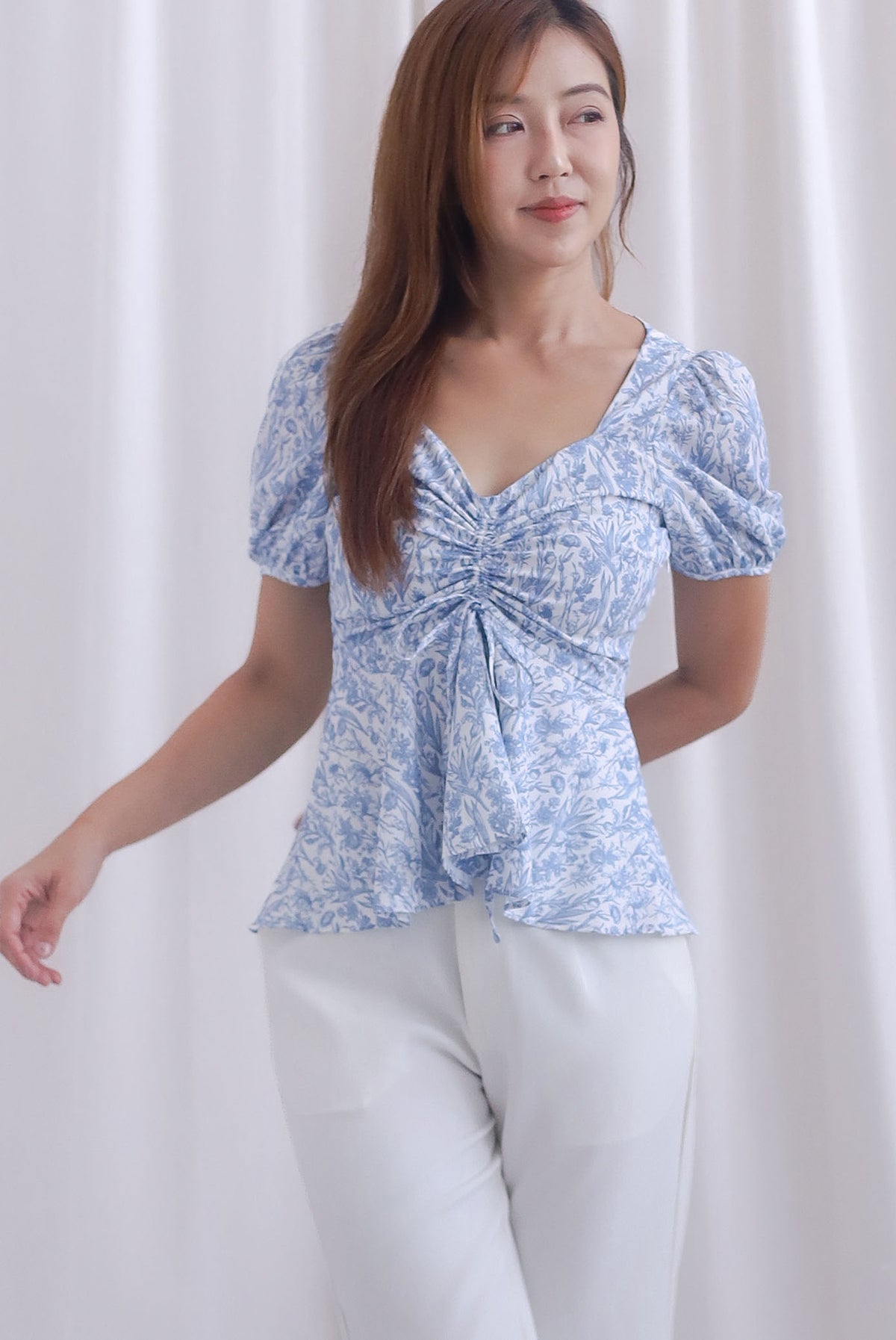 [BY TDC LABEL] Cheri Ruching Peplum Top In Blue Floral