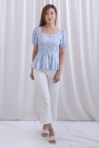 [BY TDC LABEL] Cheri Ruching Peplum Top In Blue Floral