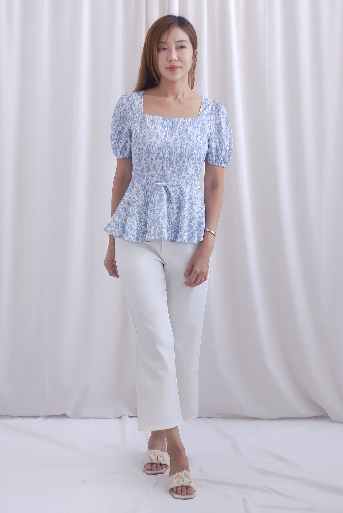 [BY TDC LABEL] Cheri Ruching Peplum Top In Blue Floral