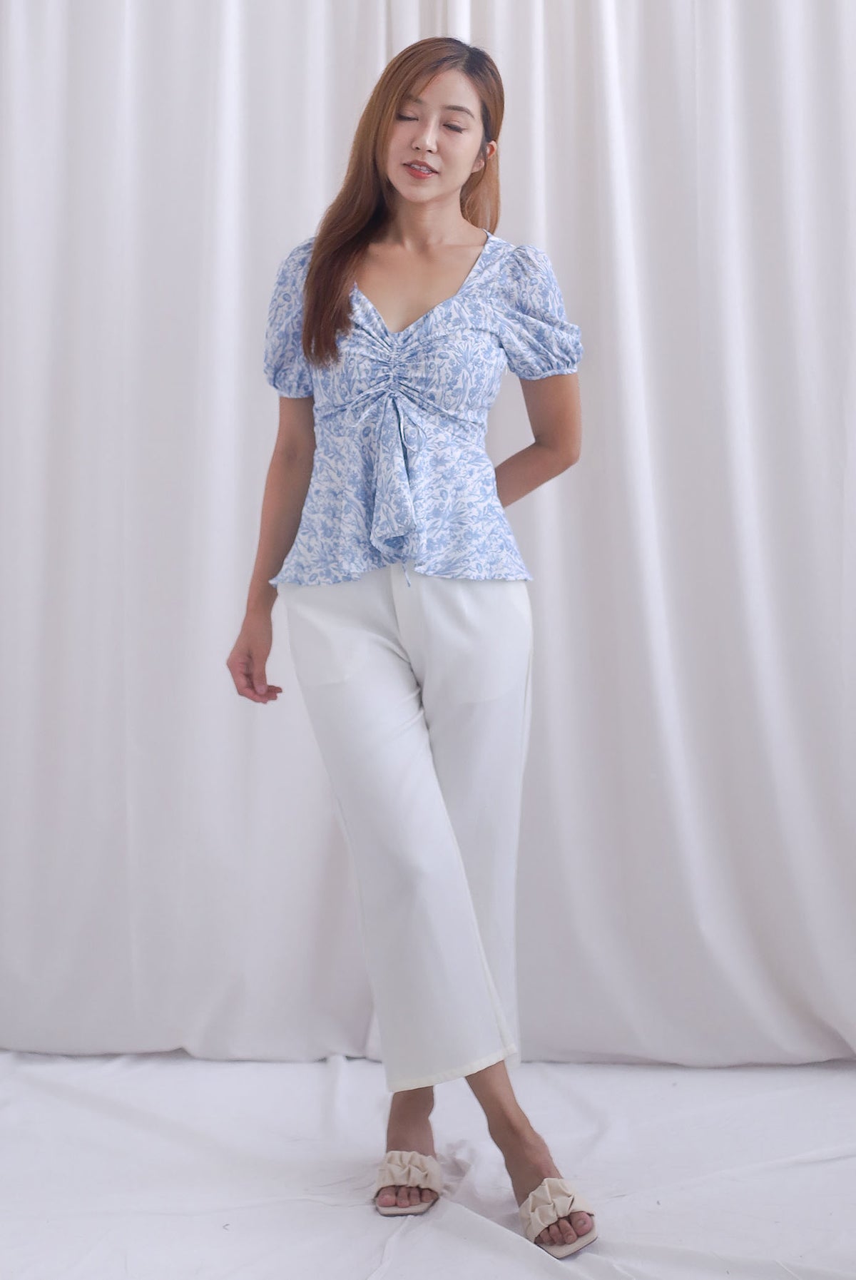 [BY TDC LABEL] Cheri Ruching Peplum Top In Blue Floral