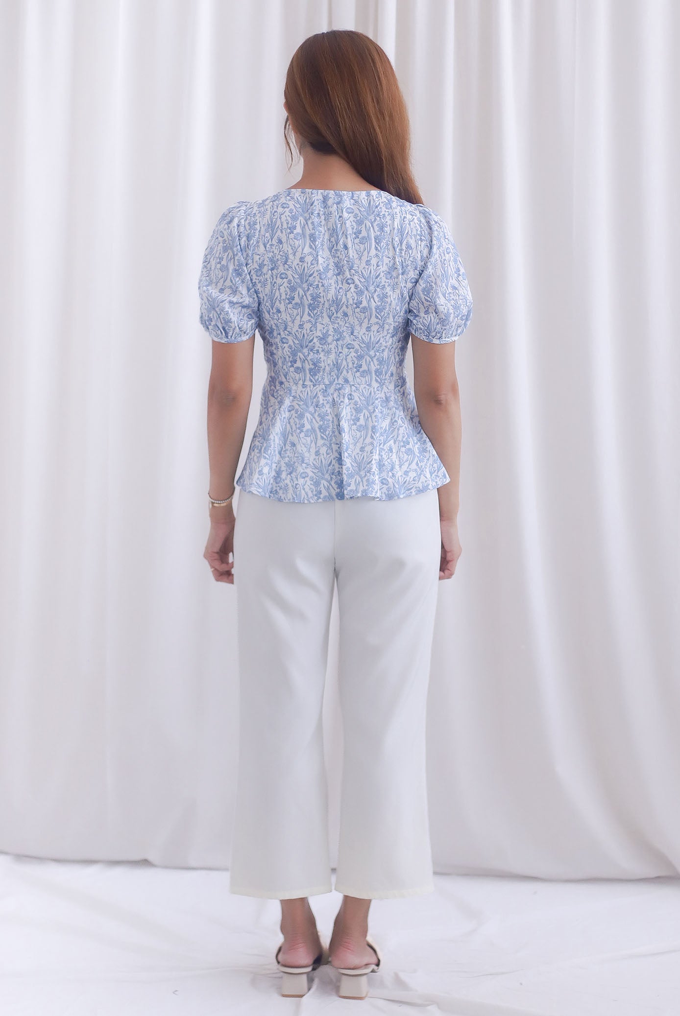 [BY TDC LABEL] Cheri Ruching Peplum Top In Blue Floral