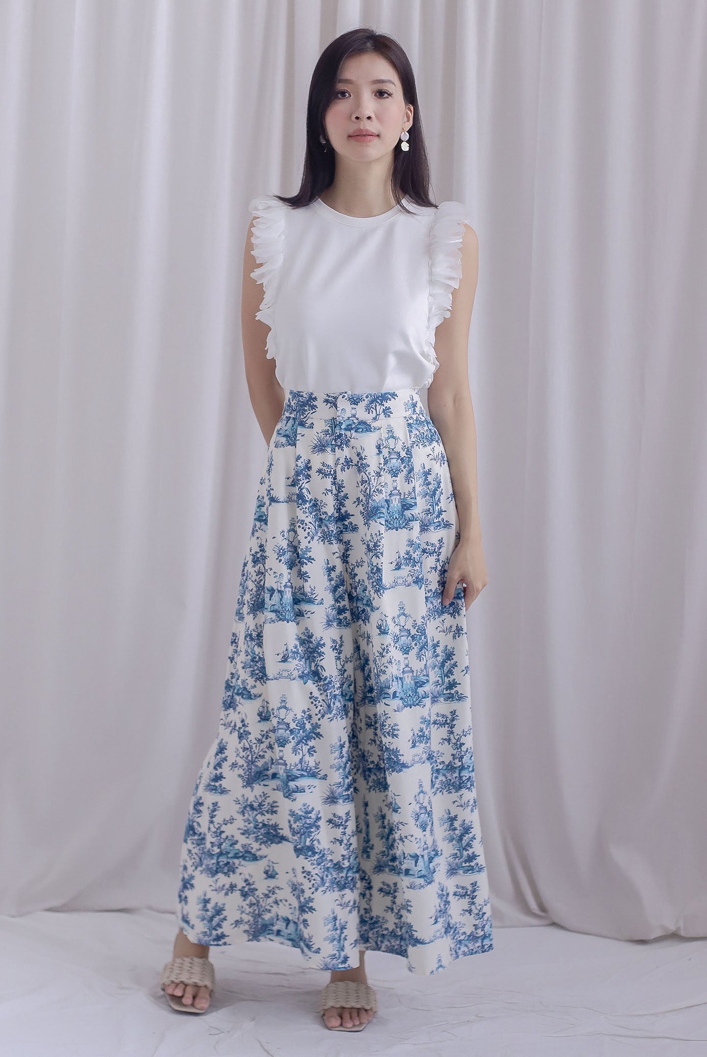 Chinoiserie Printed Wide Culottes In White