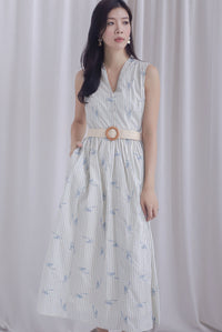 Christabel Ribbon Embro Stripes Dress In Cream/Blue