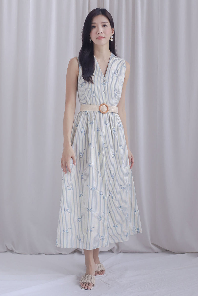 Christabel Ribbon Embro Stripes Dress In Cream/Blue