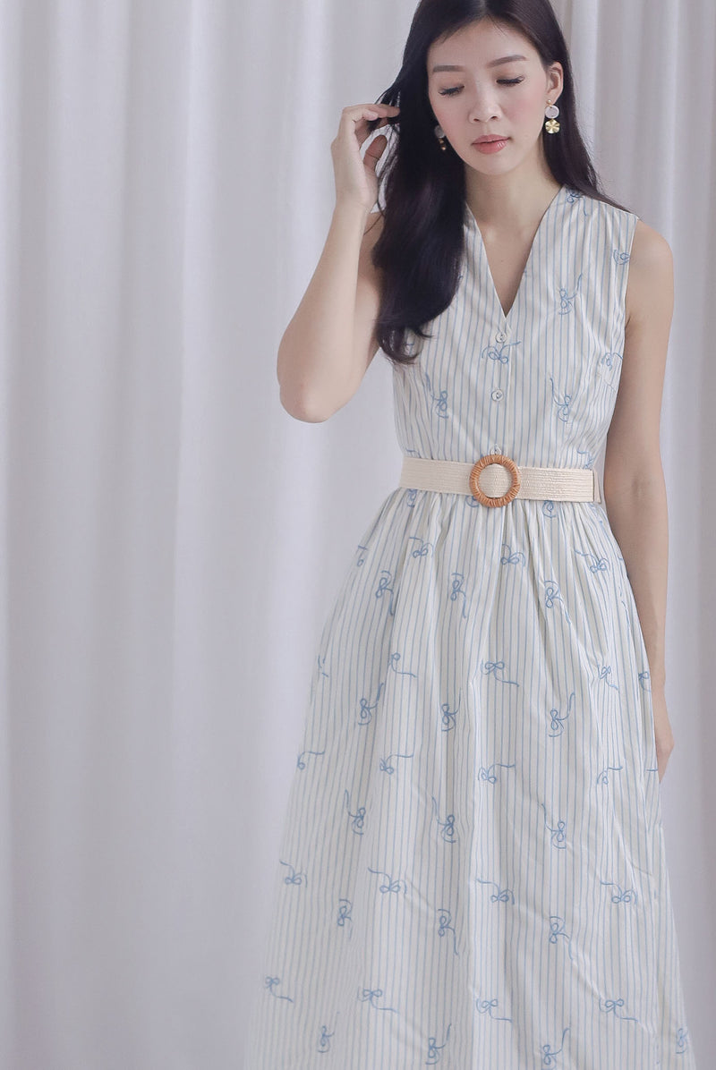 Christabel Ribbon Embro Stripes Dress In Cream/Blue