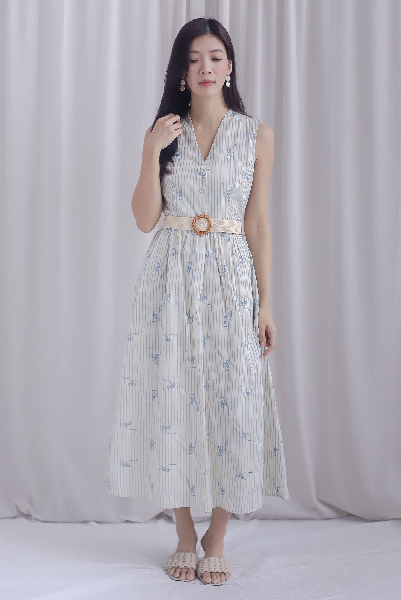 Christabel Ribbon Embro Stripes Dress In Cream/Blue