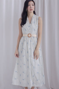 Christabel Ribbon Embro Stripes Dress In Cream/Blue