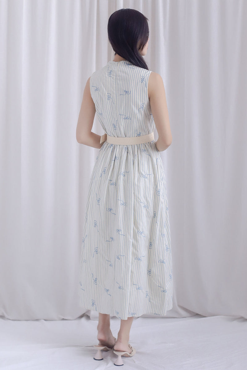 Christabel Ribbon Embro Stripes Dress In Cream/Blue