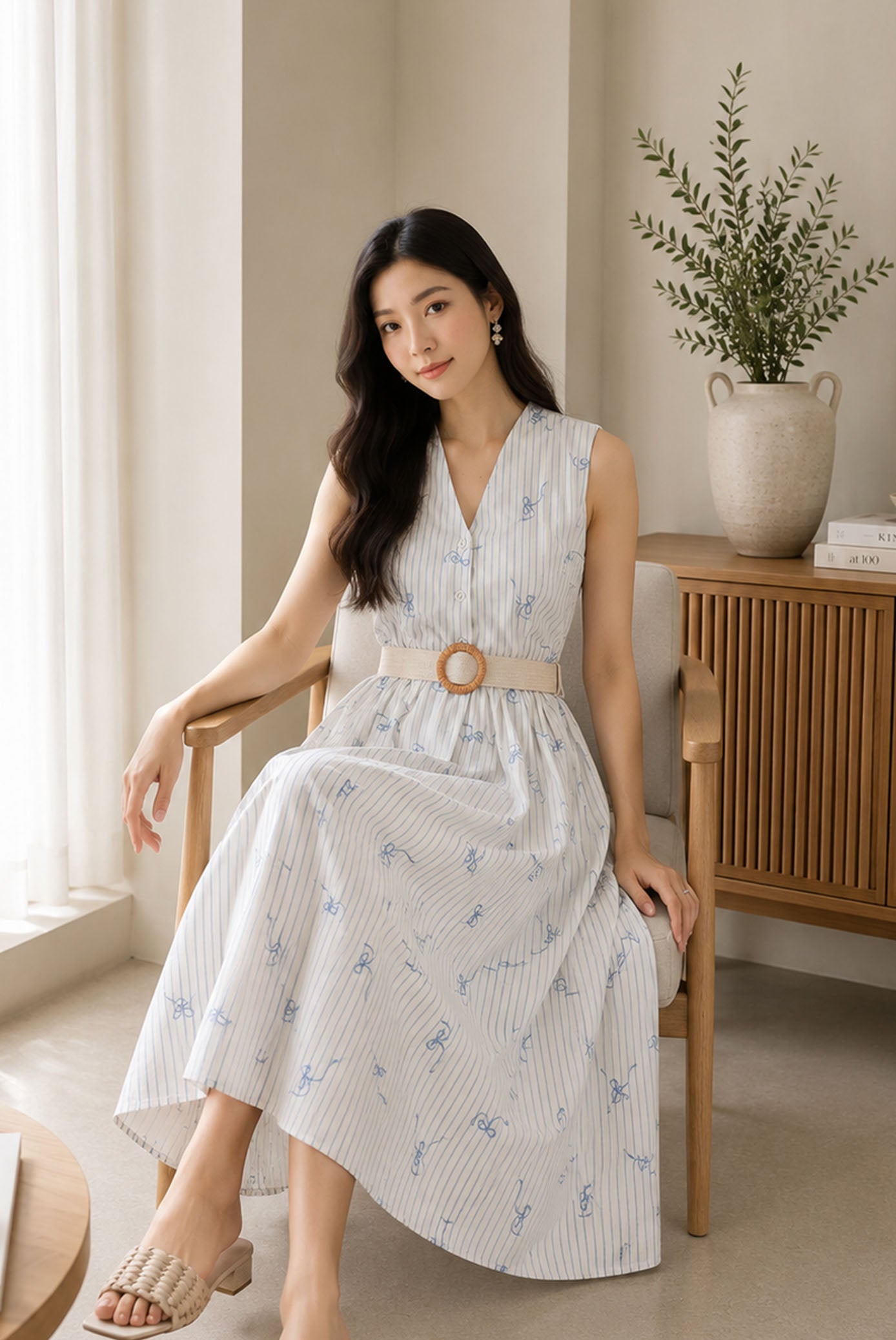 *Backorder* [BY TDC LABEL] Christabel Ribbon Embro Stripes Dress In Cream/Blue