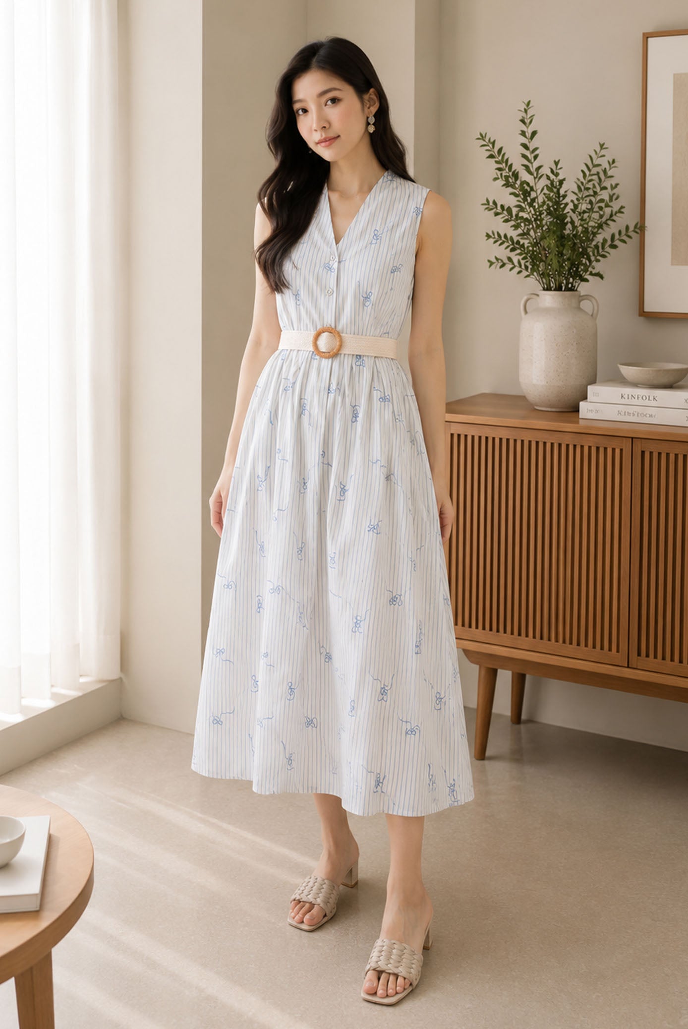 *Backorder* [BY TDC LABEL] Christabel Ribbon Embro Stripes Dress In Cream/Blue