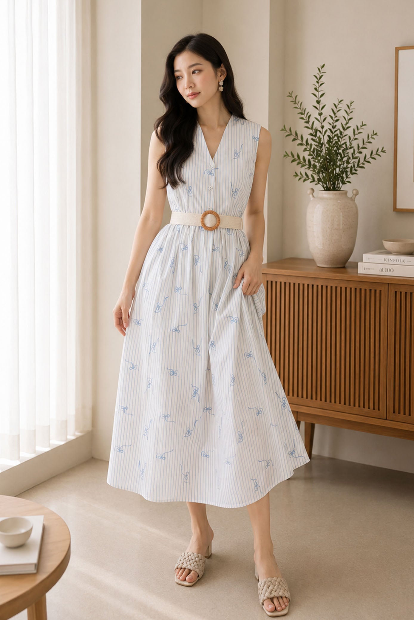 *Backorder* [BY TDC LABEL] Christabel Ribbon Embro Stripes Dress In Cream/Blue