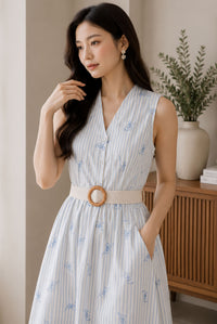 *Backorder* [BY TDC LABEL] Christabel Ribbon Embro Stripes Dress In Cream/Blue