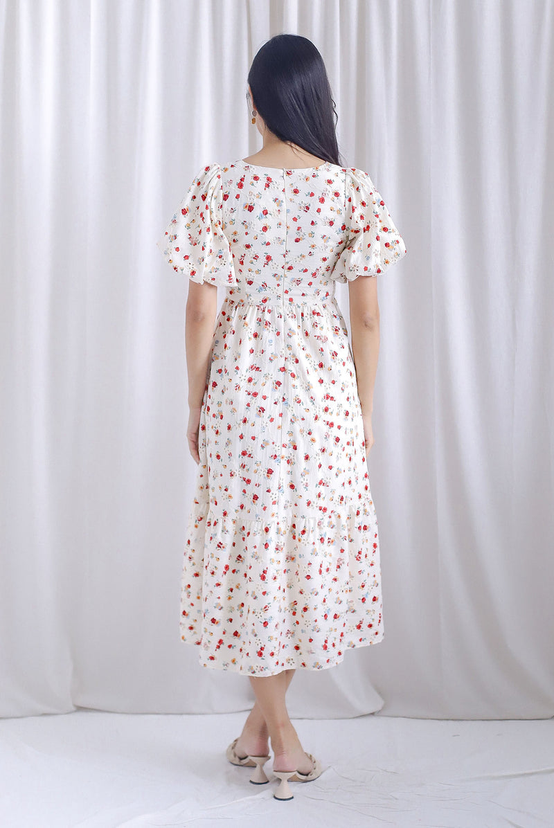 Cierra Floral Embro Puffy Sleeve Maxi Dress In Cream/Red
