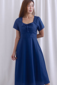 [BY TDC LABEL] Clarisse Sleeved Lattice Trim Ruched Midi Dress In Navy Blue