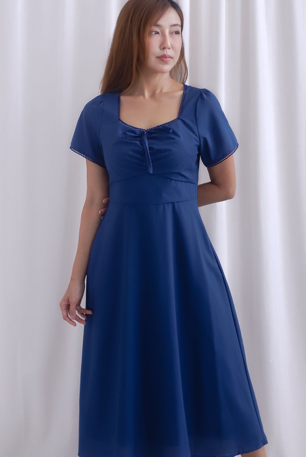 [BY TDC LABEL] Clarisse Sleeved Lattice Trim Ruched Midi Dress In Navy Blue