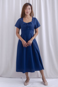 [BY TDC LABEL] Clarisse Sleeved Lattice Trim Ruched Midi Dress In Navy Blue