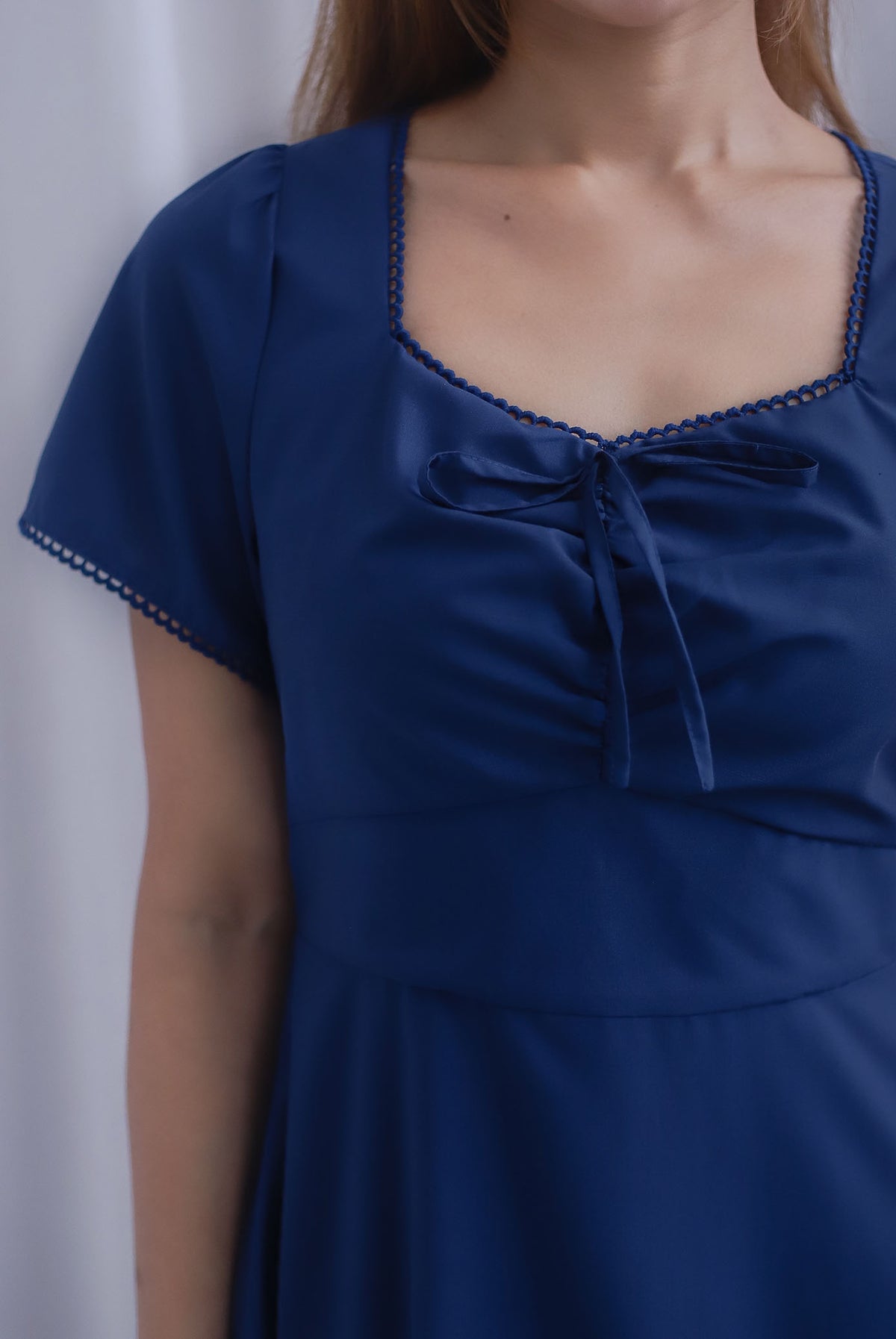 [BY TDC LABEL] Clarisse Sleeved Lattice Trim Ruched Midi Dress In Navy Blue