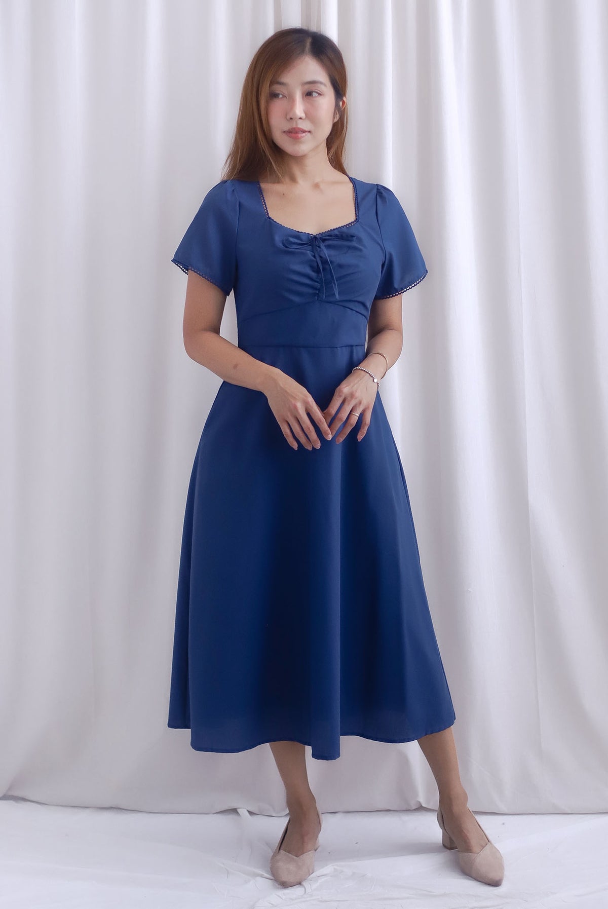 [BY TDC LABEL] Clarisse Sleeved Lattice Trim Ruched Midi Dress In Navy Blue