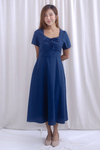 [BY TDC LABEL] Clarisse Sleeved Lattice Trim Ruched Midi Dress In Navy Blue