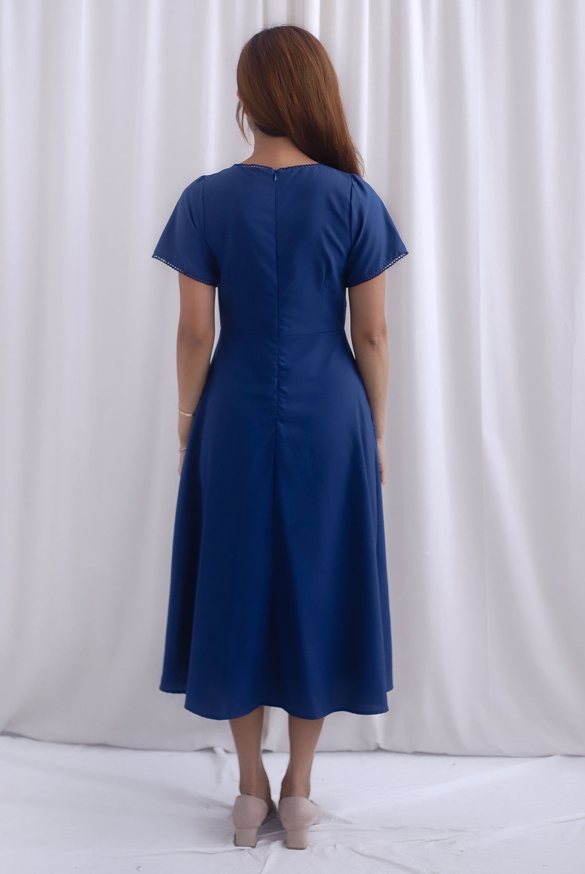 [BY TDC LABEL] Clarisse Sleeved Lattice Trim Ruched Midi Dress In Navy Blue