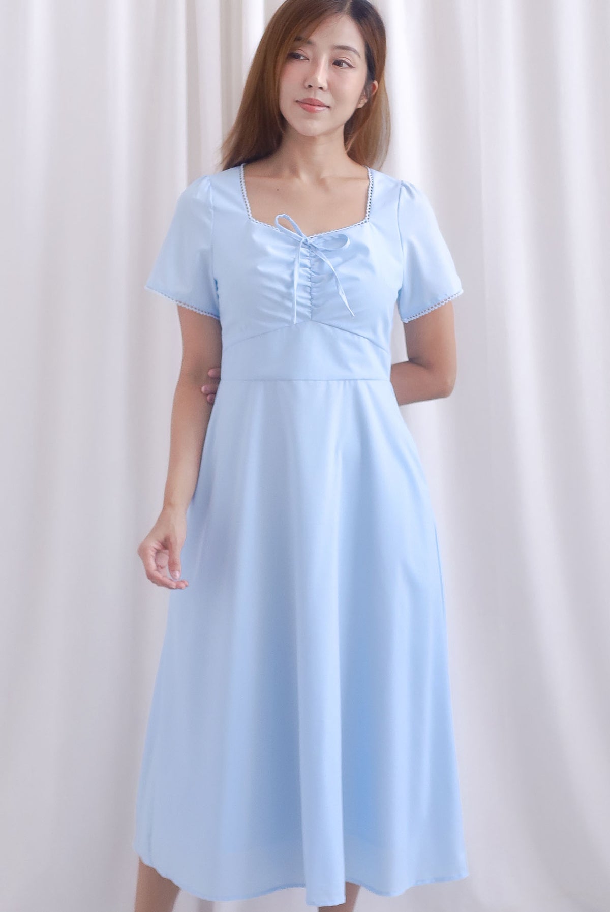 Clarisse Sleeved Lattice Trim Ruched Midi Dress In Skyblue
