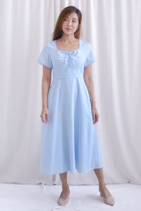 Clarisse Sleeved Lattice Trim Ruched Midi Dress In Skyblue