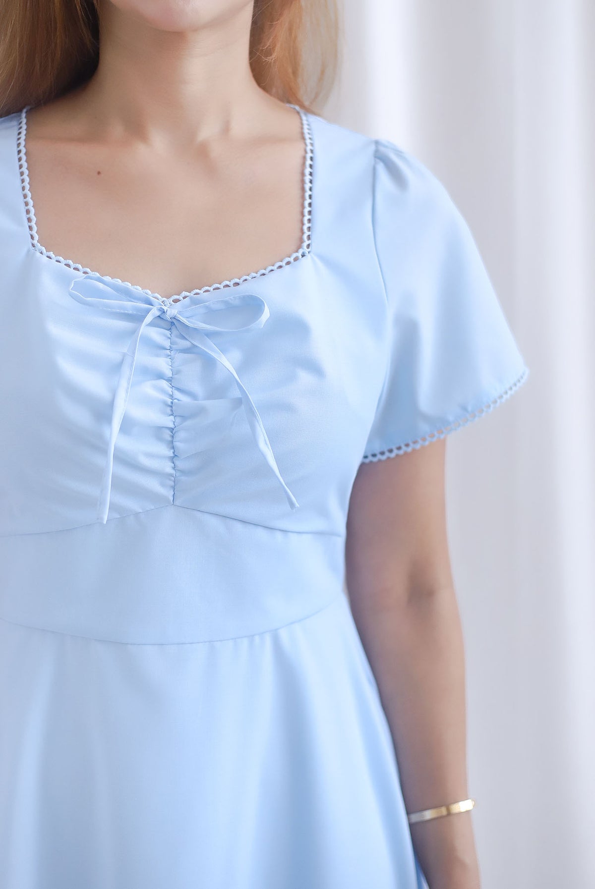 Clarisse Sleeved Lattice Trim Ruched Midi Dress In Skyblue