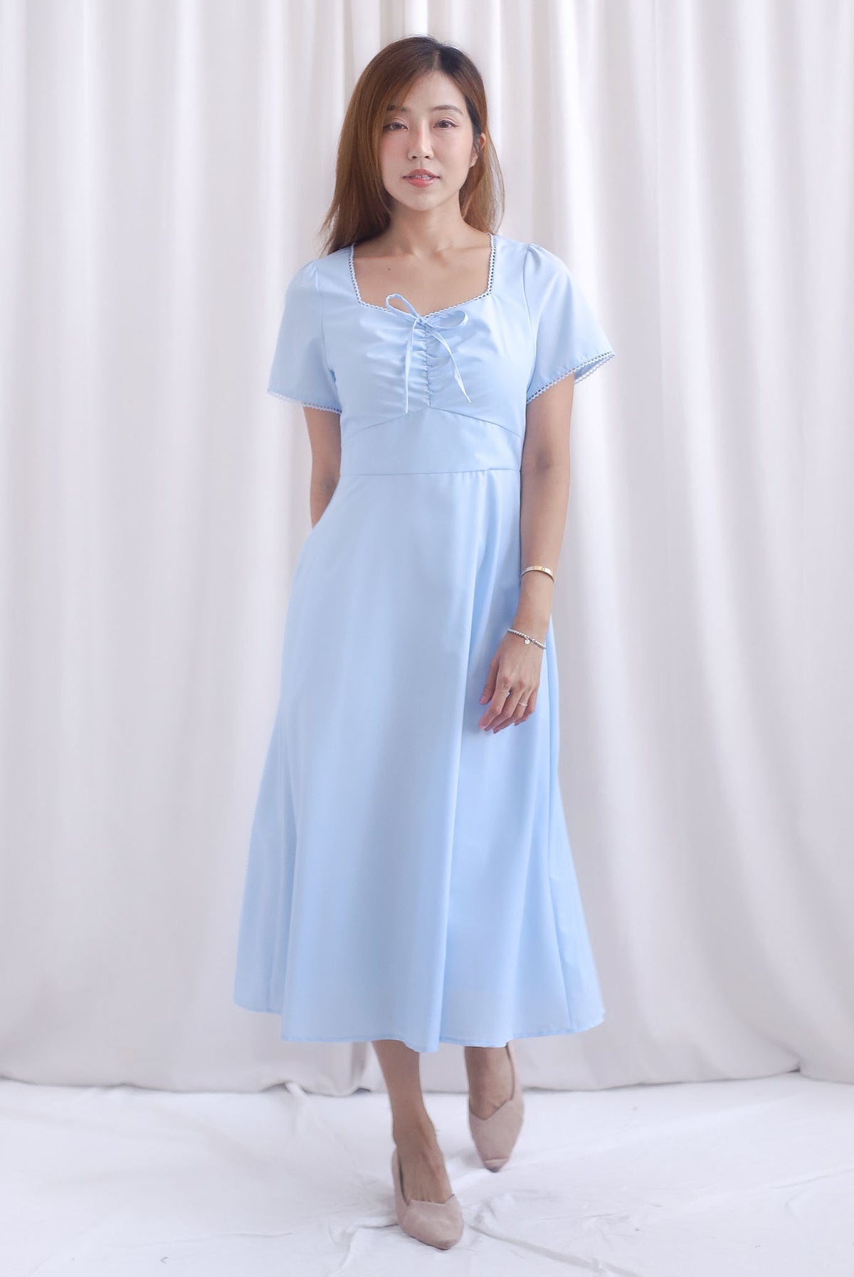 Clarisse Sleeved Lattice Trim Ruched Midi Dress In Skyblue