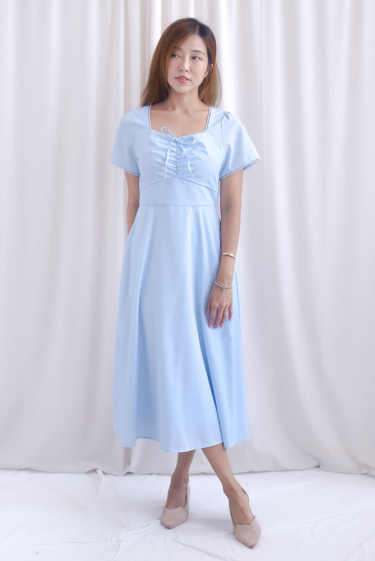 Clarisse Sleeved Lattice Trim Ruched Midi Dress In Skyblue