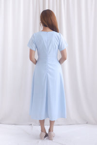 Clarisse Sleeved Lattice Trim Ruched Midi Dress In Skyblue