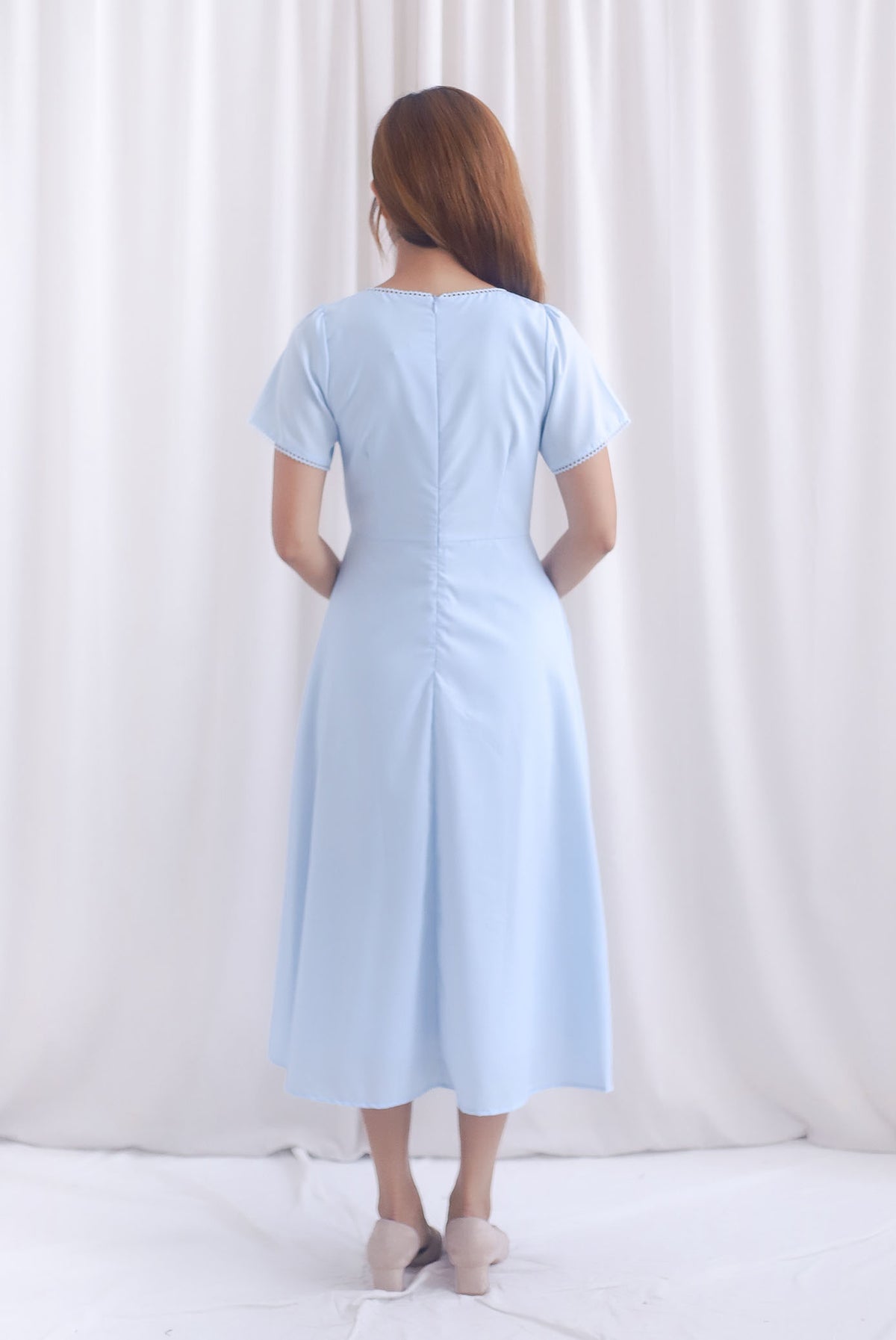 Clarisse Sleeved Lattice Trim Ruched Midi Dress In Skyblue