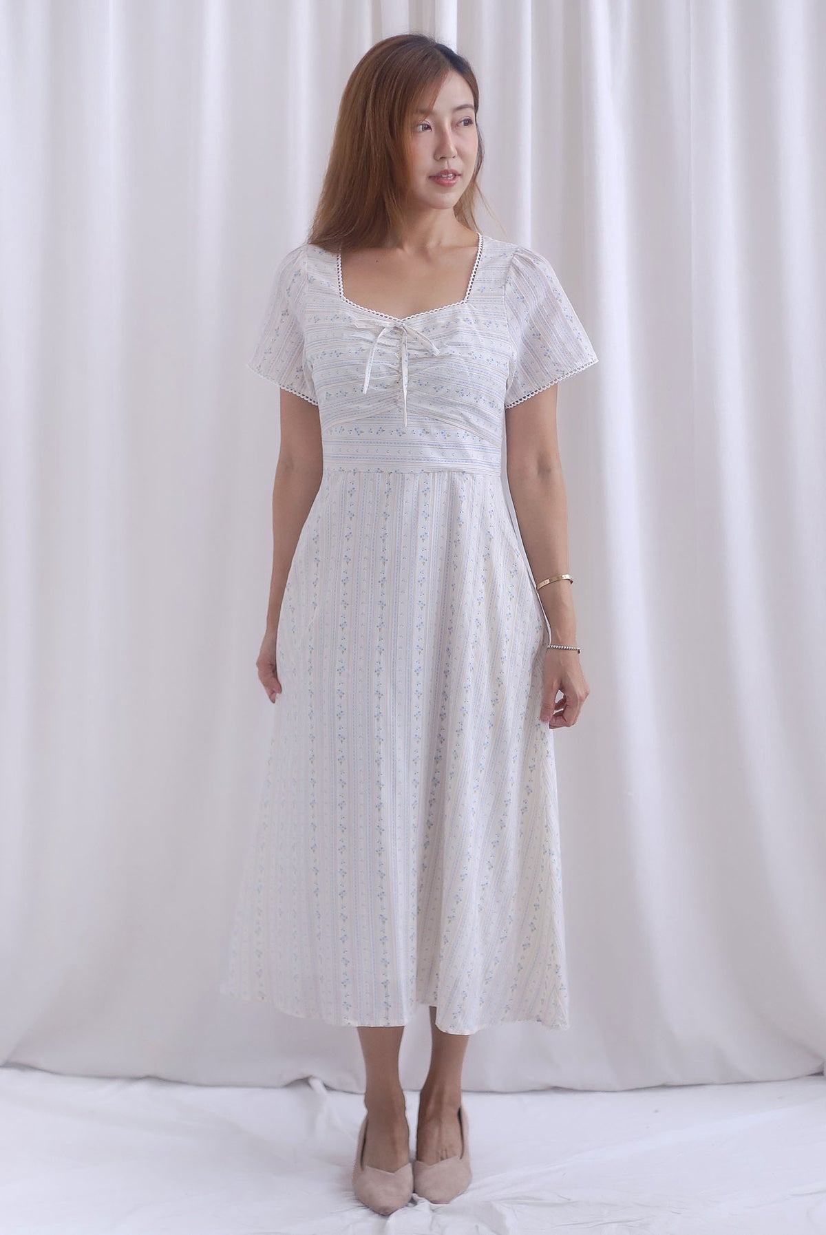 Clarisse Sleeved Lattice Trim Ruched Midi Dress In Lattice Floral