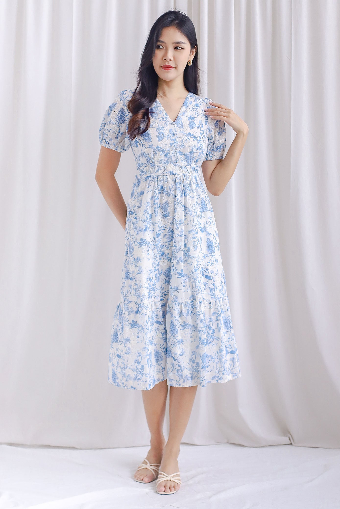 Clarita Flora Embro Puffy Sleeve Button Midi Dress In Blue The Design Closets Clarita Flora Embro Puffy Sleeve Button Midi Dress In Blue The Design Closets