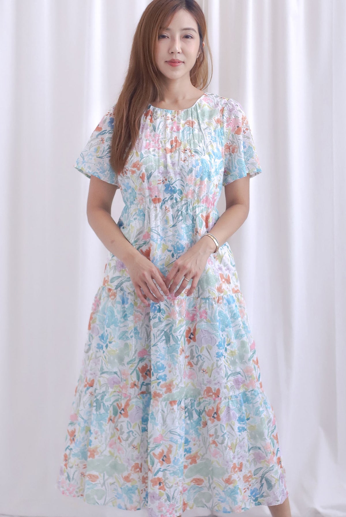 Claude Eyelet Tier Babydoll Sleveed Dress In Candy Floral