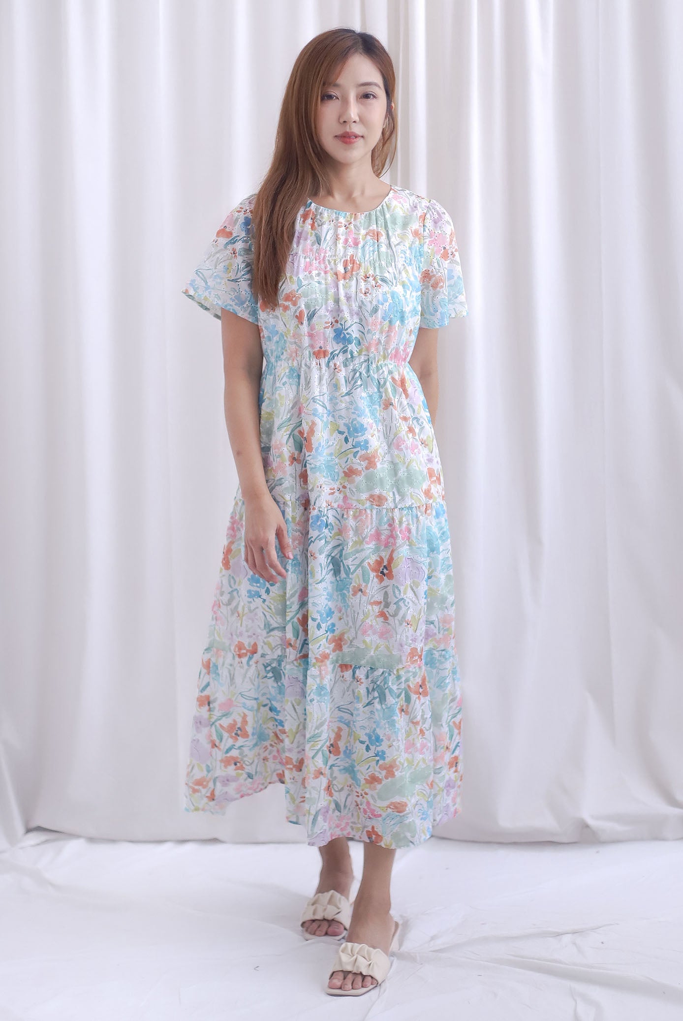 Claude Eyelet Tier Babydoll Sleveed Dress In Candy Floral