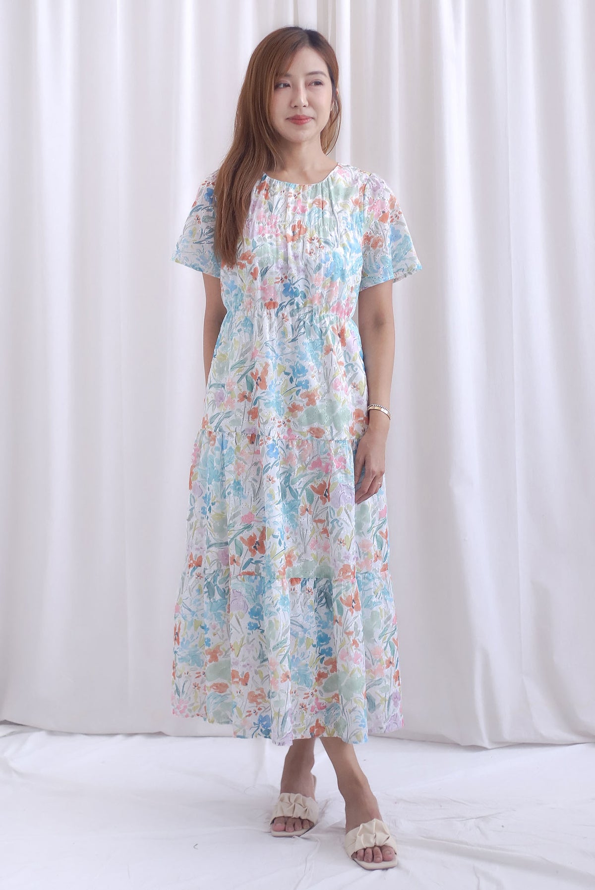 Claude Eyelet Tier Babydoll Sleveed Dress In Candy Floral