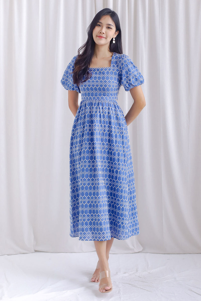 Clifford Embro Puffy Sleeve Tie Back Maxi Dress In Blue