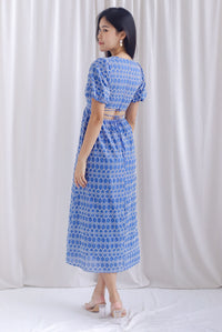 Clifford Embro Puffy Sleeve Tie Back Maxi Dress In Blue