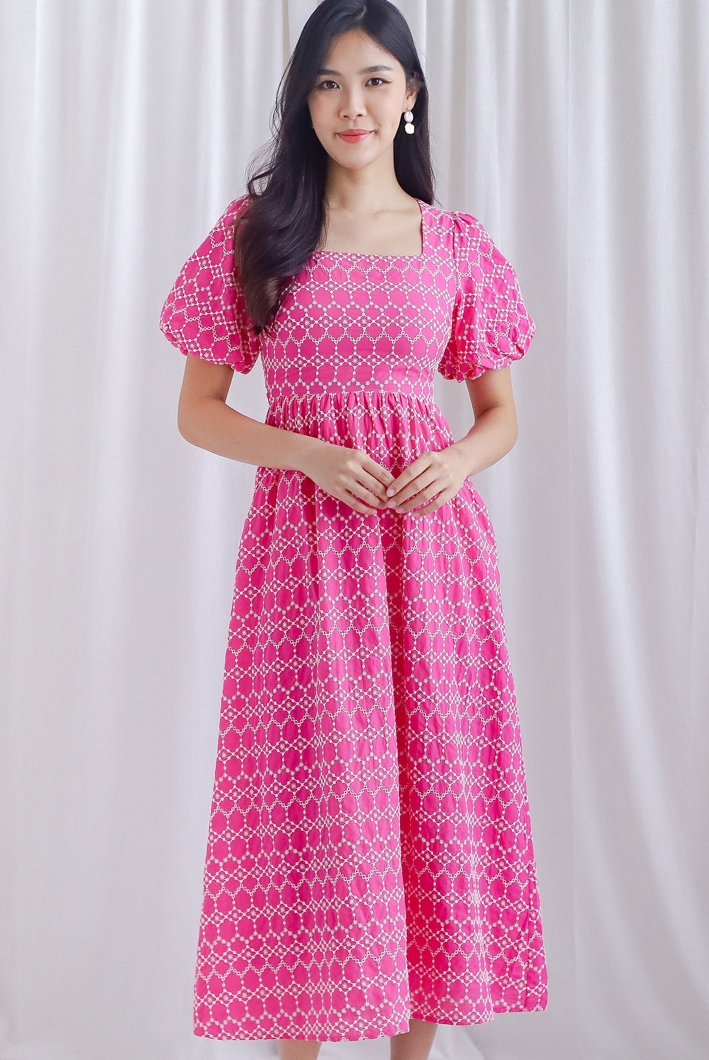 Clifford Embro Puffy Sleeve Tie Back Maxi Dress In Hot Pink The Design Closets Clifford Embro Puffy Sleeve Tie Back Maxi Dress In Hot Pink The Design Closets