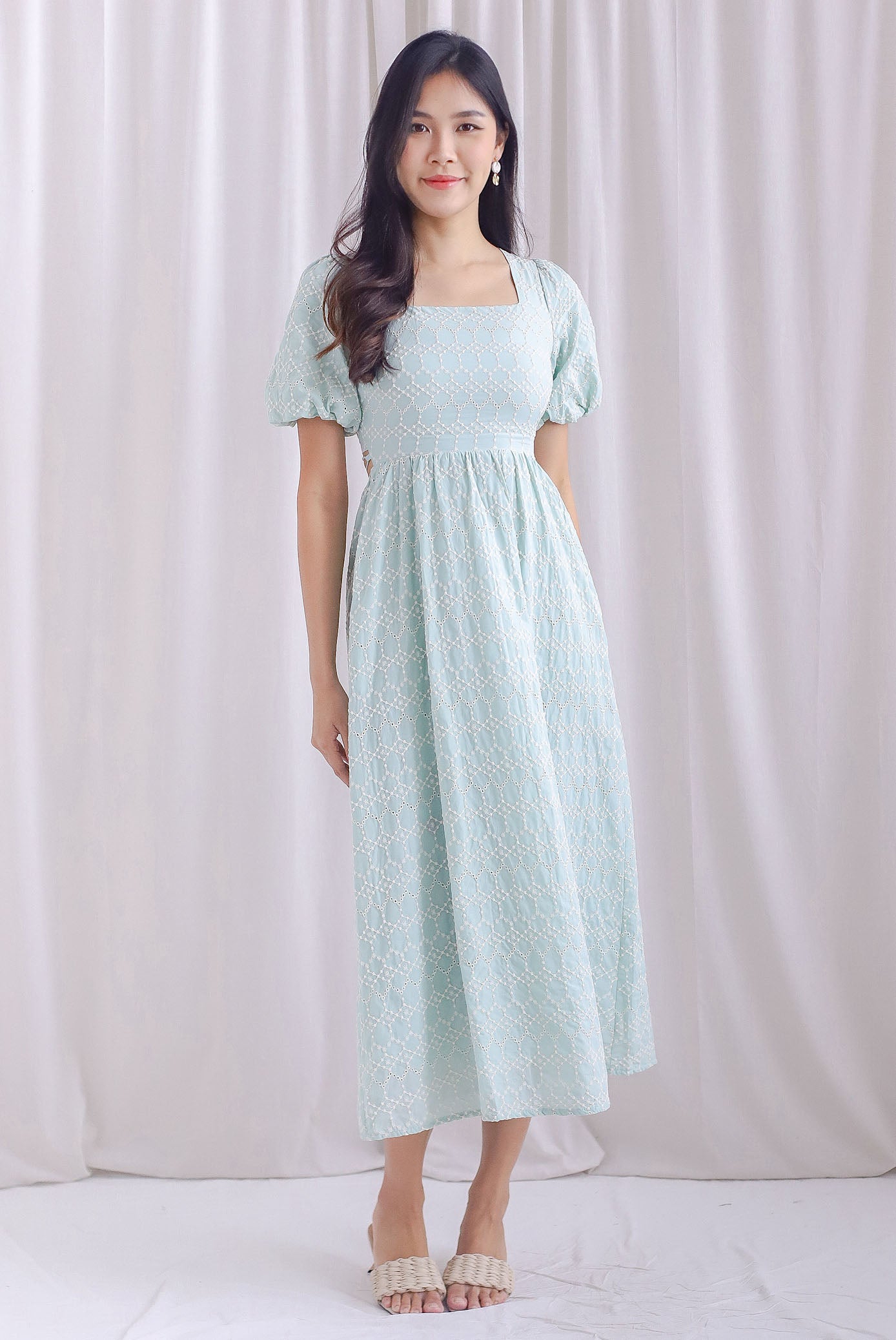 Clifford Embro Puffy Sleeve Tie Back Maxi Dress In Mint Green The Design Closets Clifford Embro Puffy Sleeve Tie Back Maxi Dress In Mint Green The Design Closets
