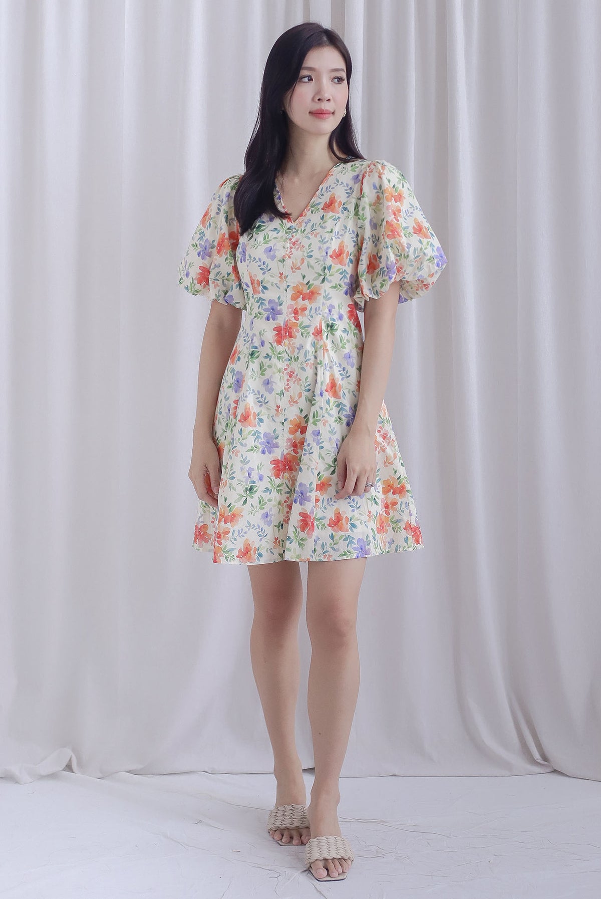 Corby Floral Puffy Sleeves Seam Button Dress In Cream