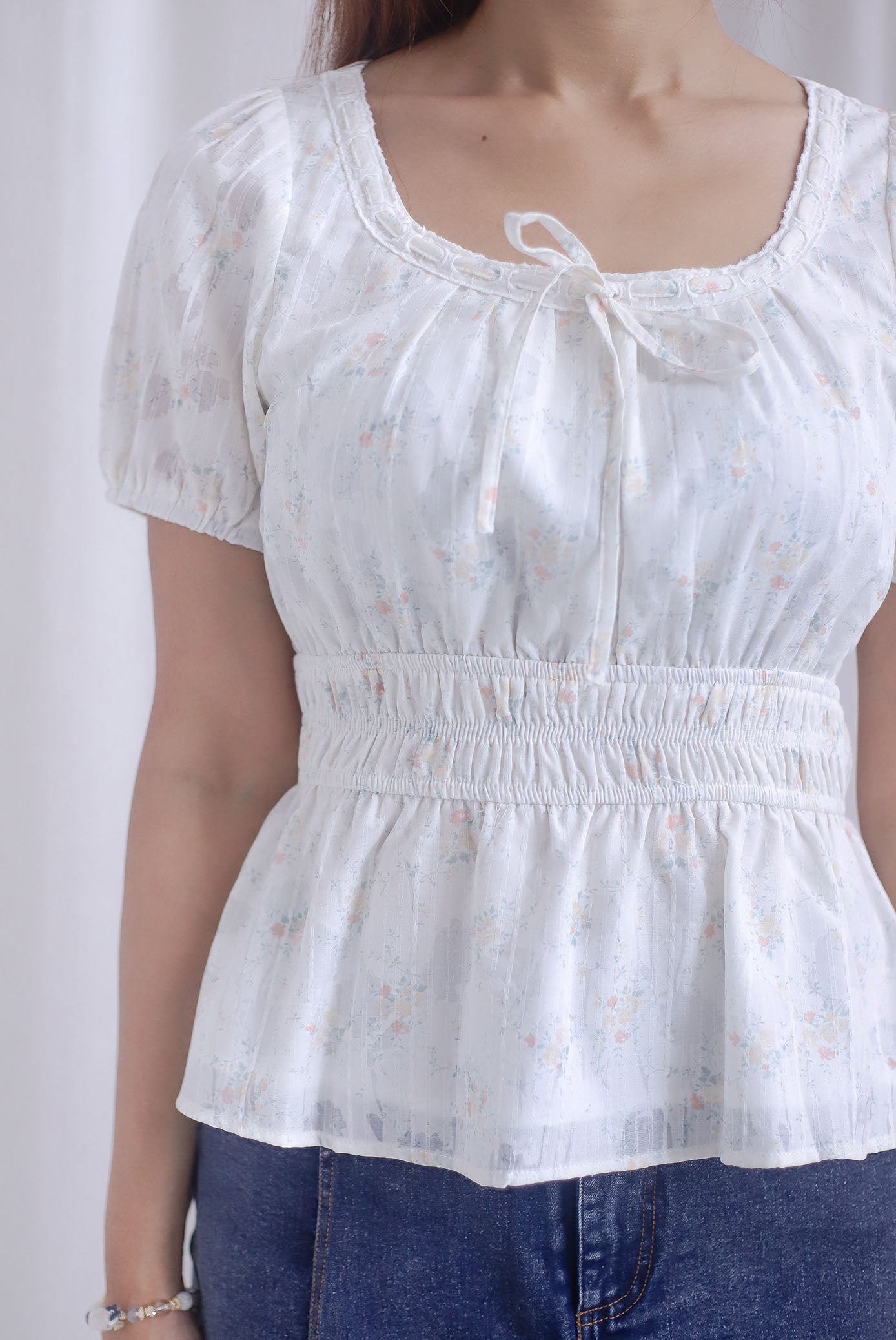 Crystal Floral Tie Ribbon Peplum Top In Lattice Floral
